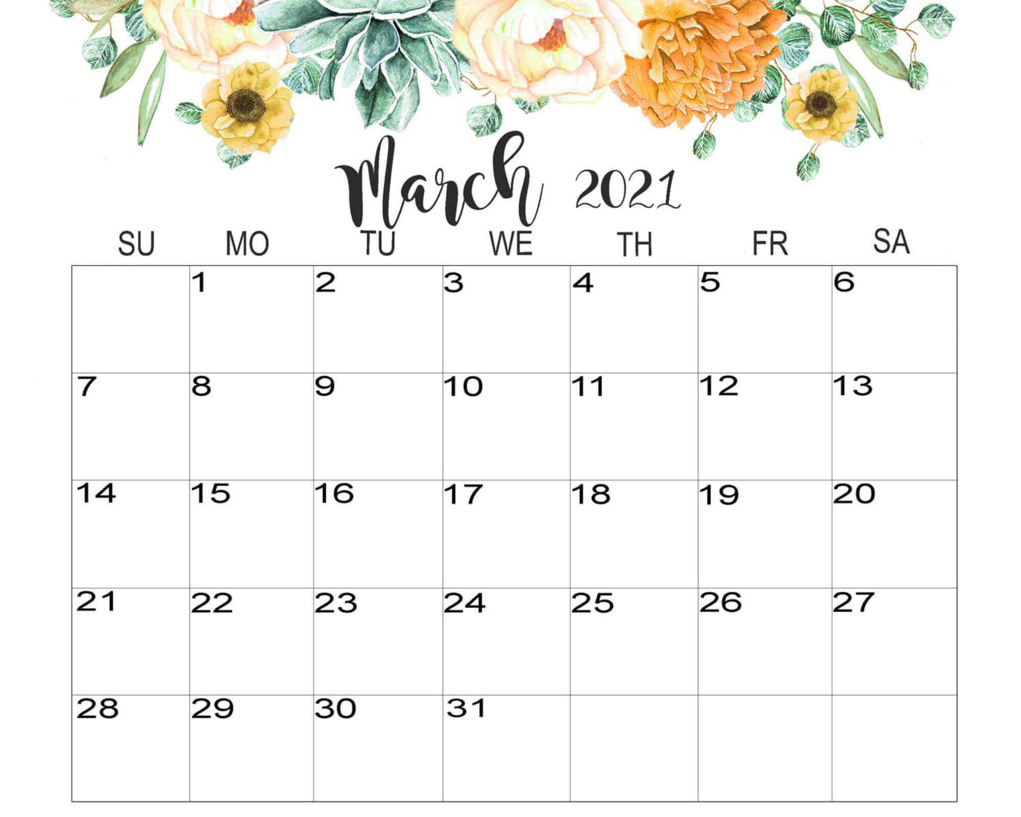 Floral March 2021 Calendar Cute