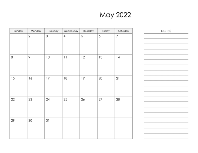 May 2022 Blank Calendar With Notes
