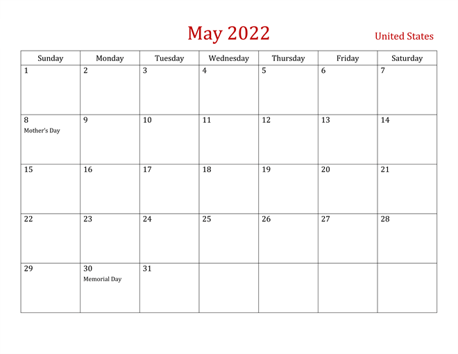 May 2022 Calendar with Holidays USA