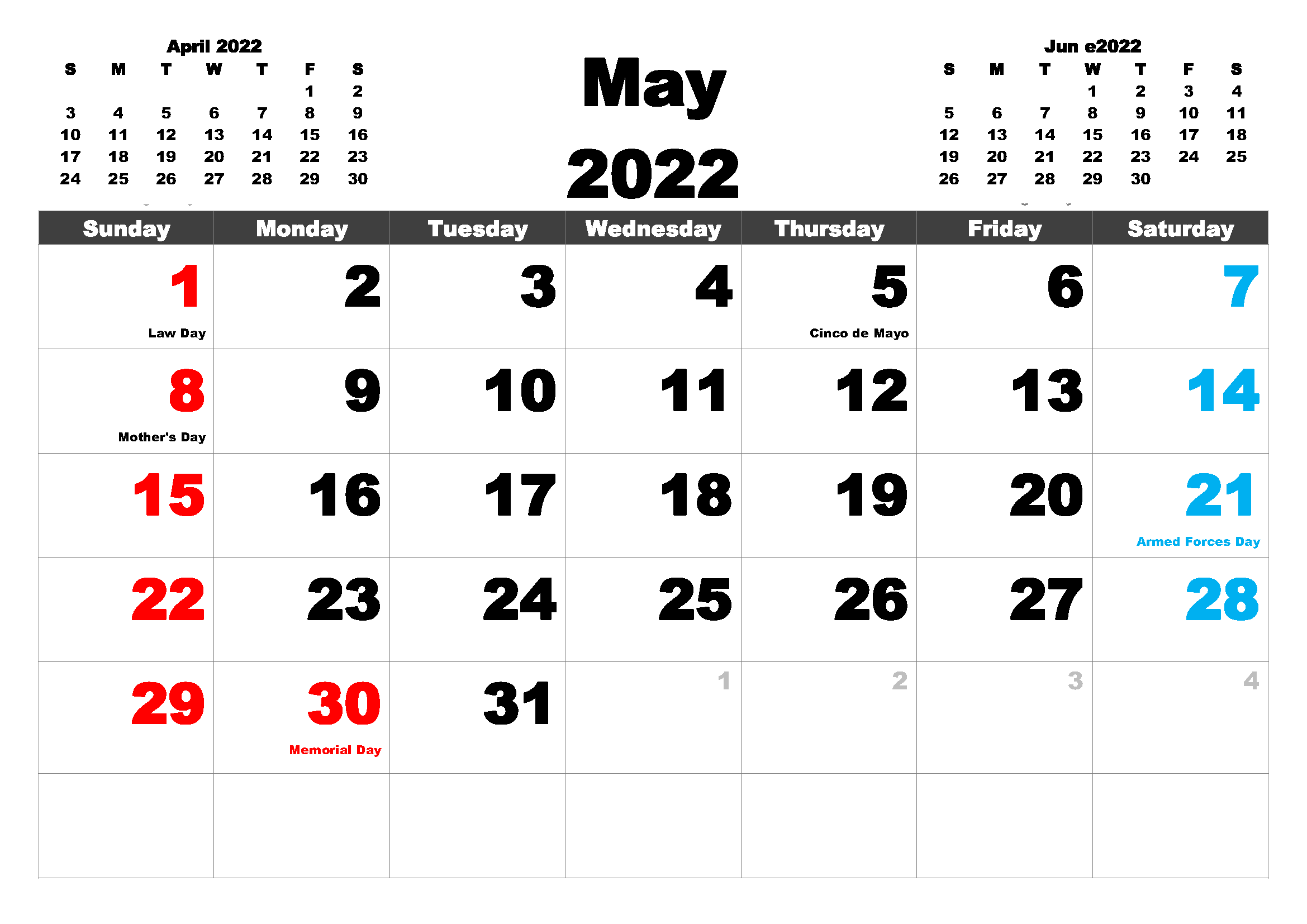 May 2022 Holidays Calendar Template