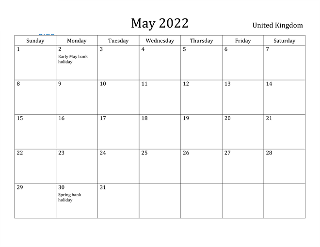 United Kingdom May 2022 Calendar