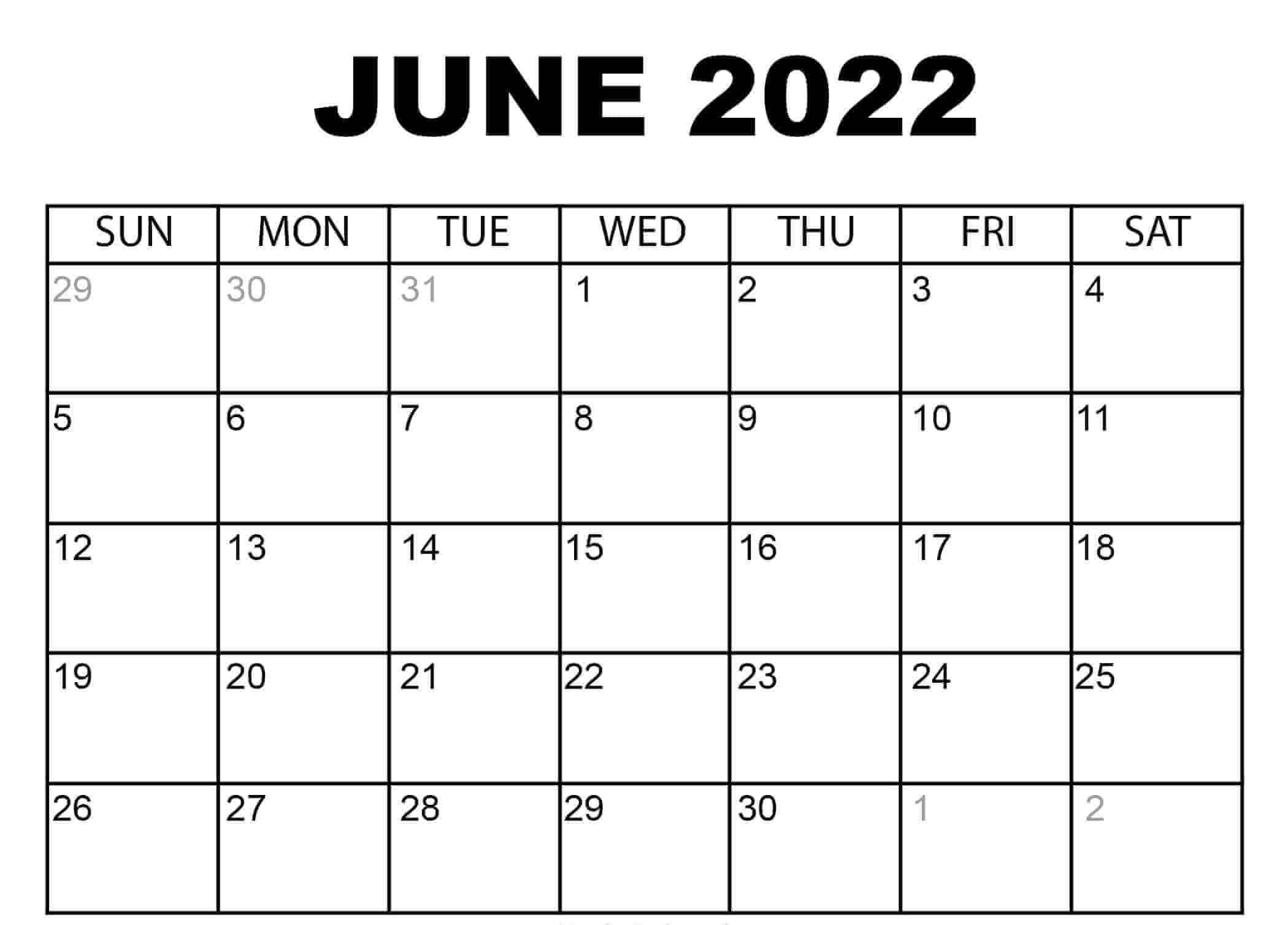 Blank Calendar June 2022 Printable