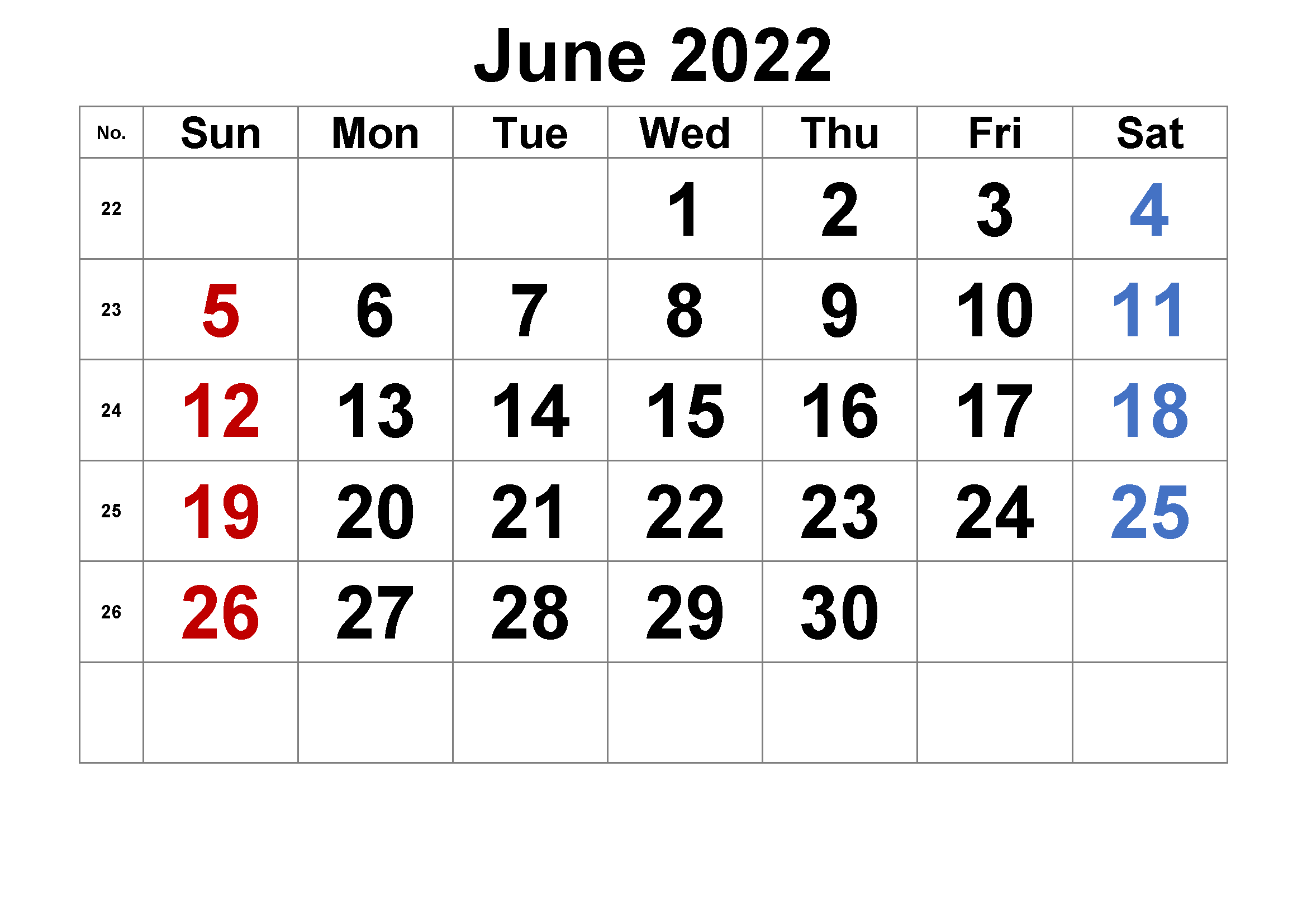 Blank June Calendar 2022