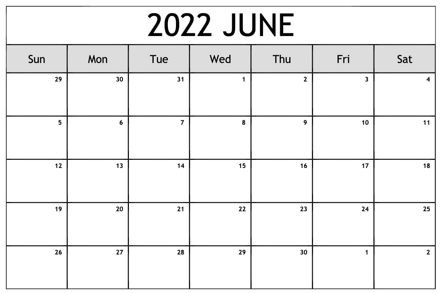 June 2022 Blank Calendar Template and Work Sheet