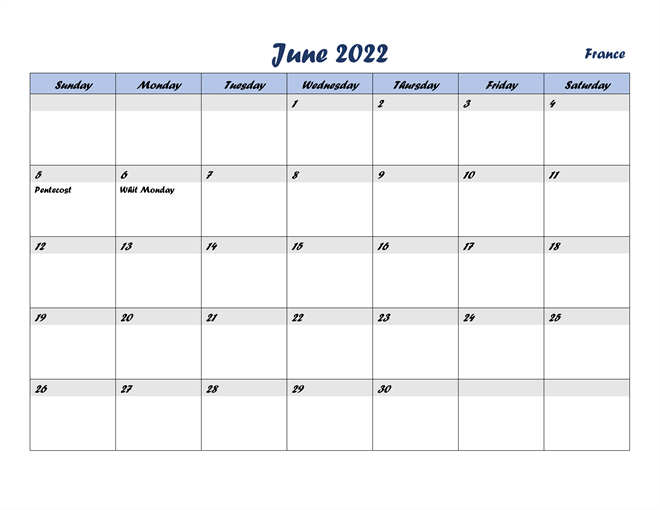 June 2022 Calendar with Holiays France