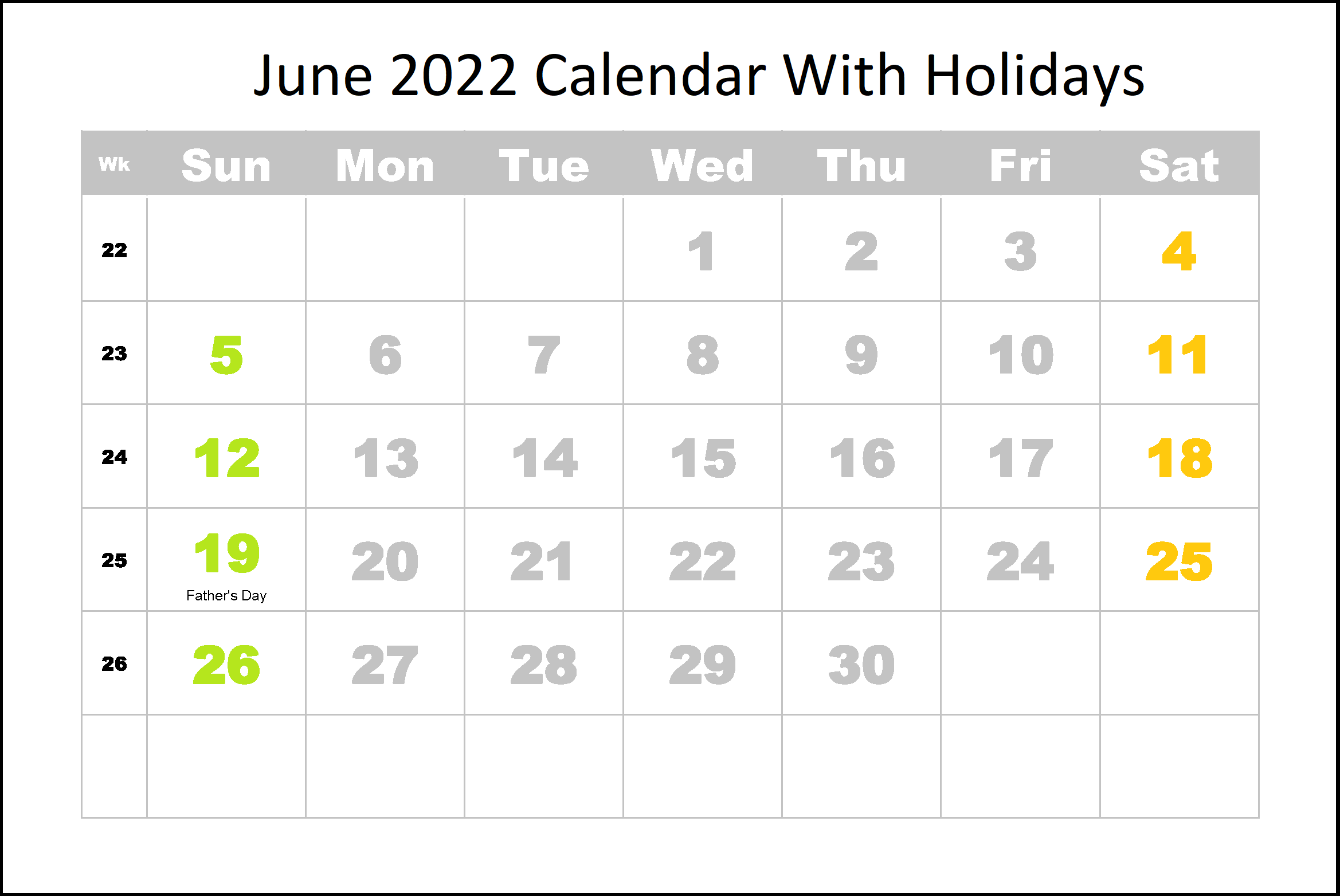 June 2022 Holidays Calendar Template