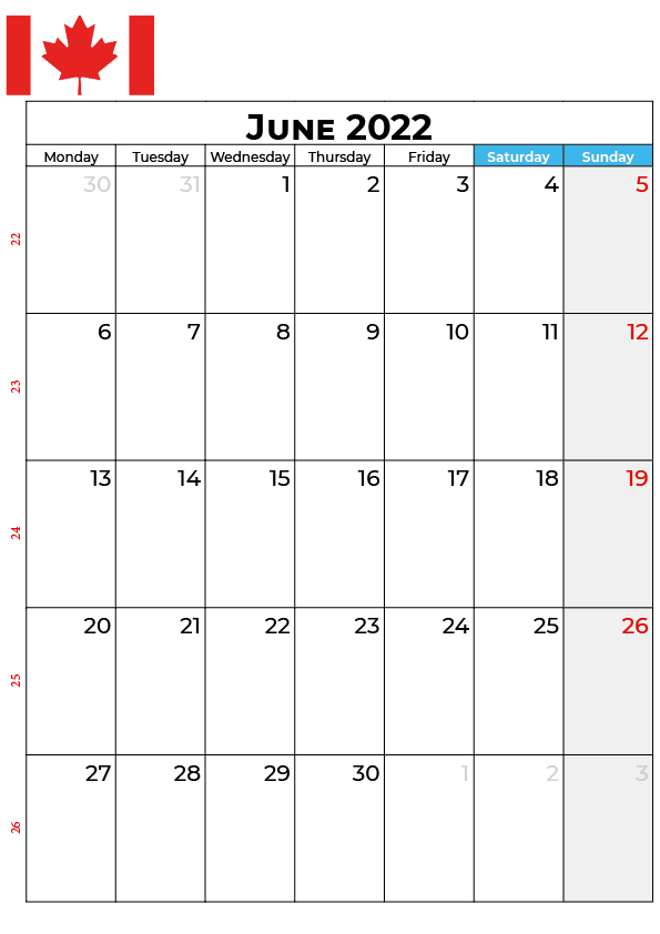 June 2022 calendar canada with holidays