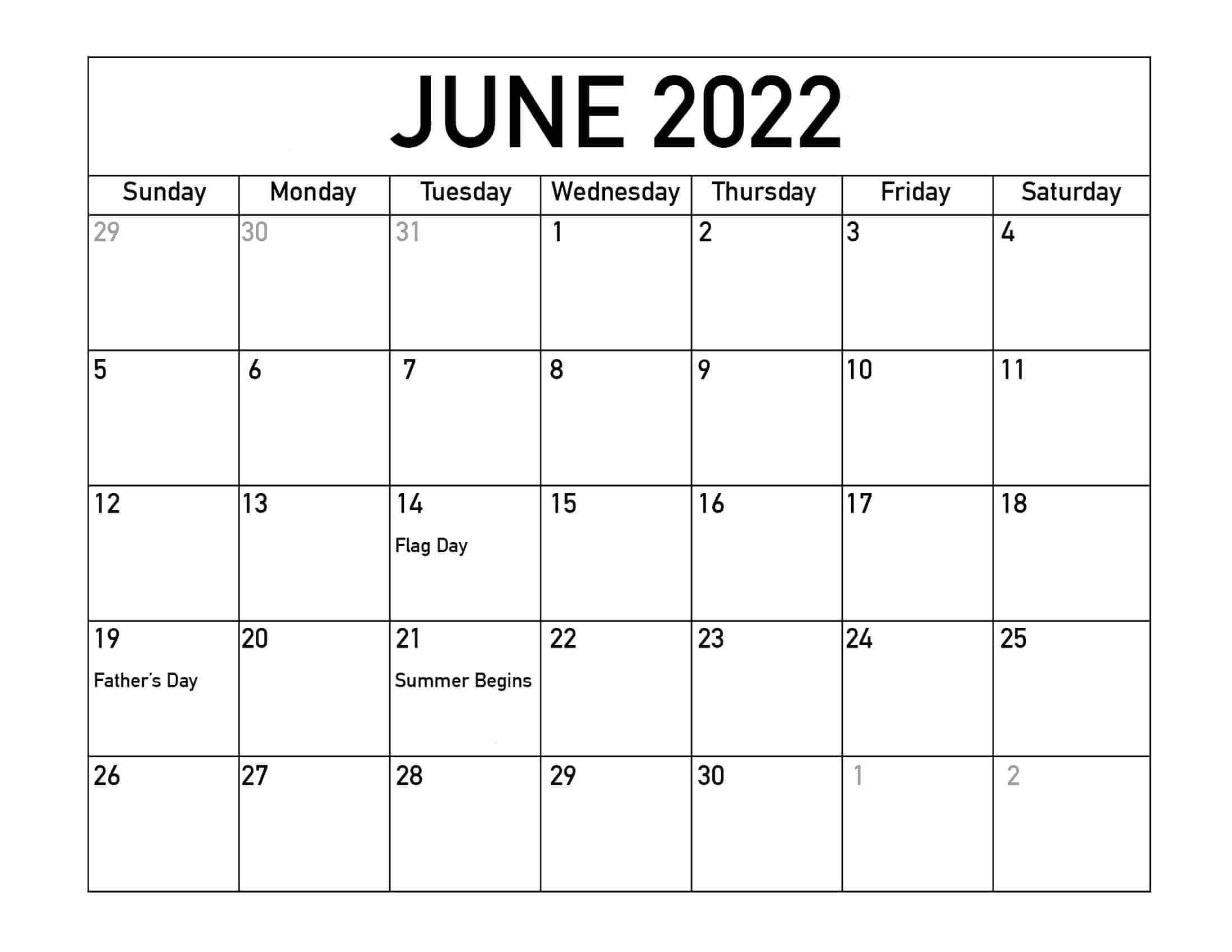 June Holidays Calendar 2022