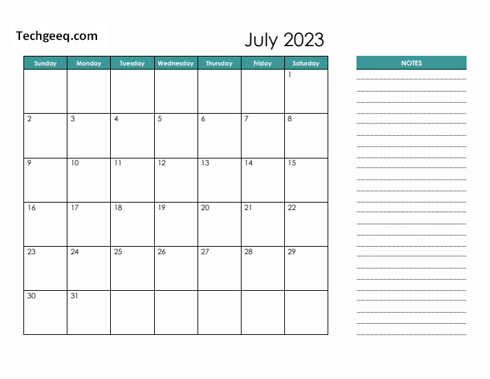 Monthly July 2023 Calendar with Notes