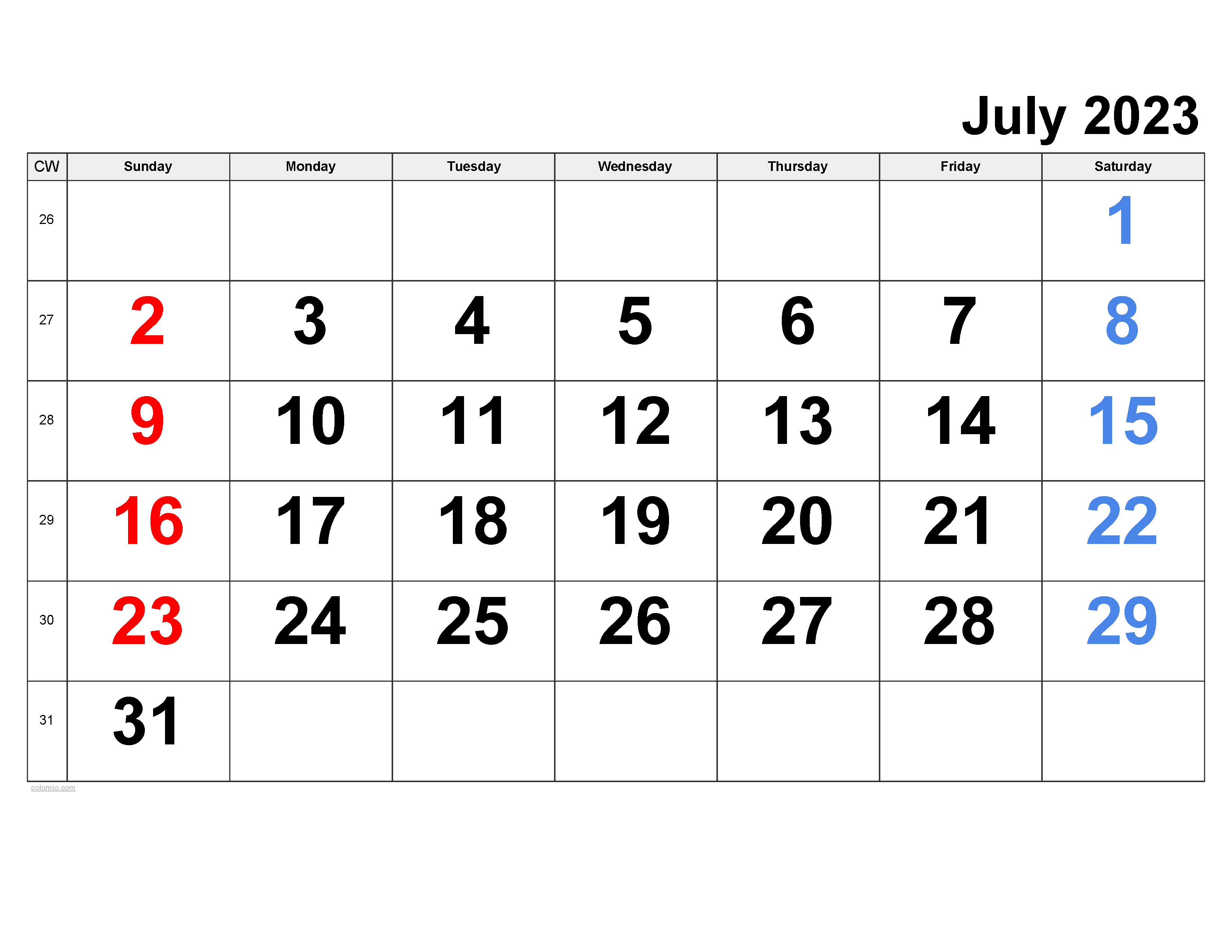 Print July Calendar 2023 Landscape