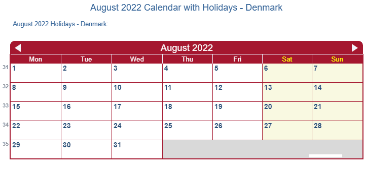 August 2022 Calendar with Holidays Denmark