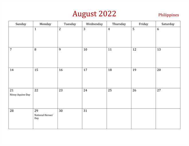 August 2022 Calendar with Holidays Philippines