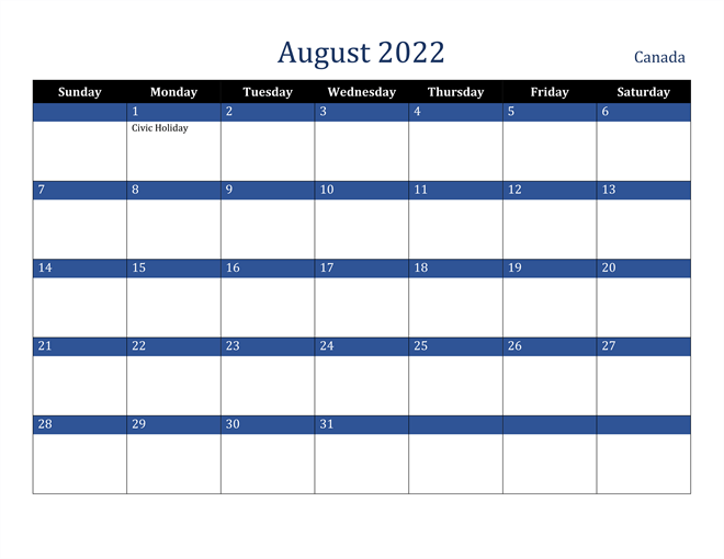 Canada August 2022 Calendar with Holidays