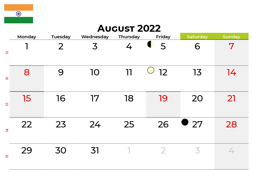 Download free august 2022 calendar india