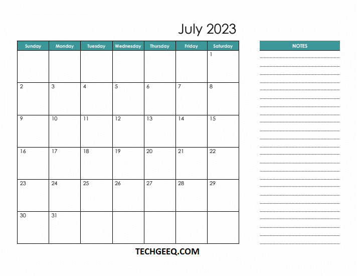 Editable July 2023 Calendar With Notes