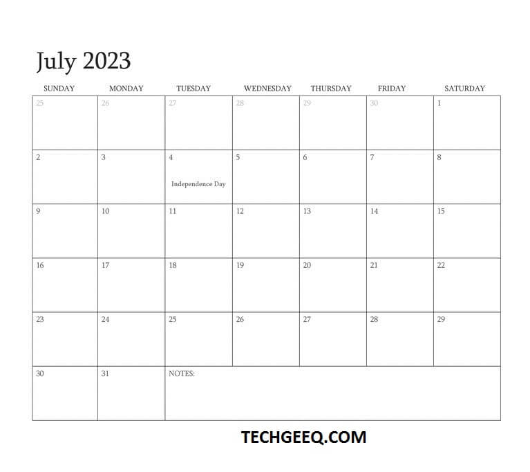 Editable July 2023 Calendar