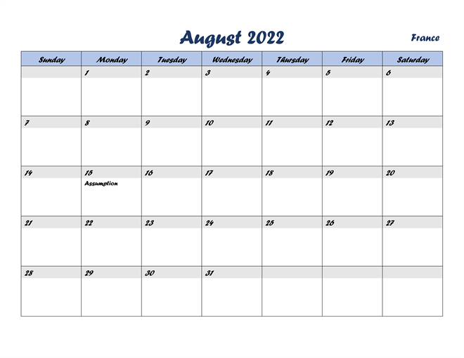 France August 2022 Calendar With Holidays