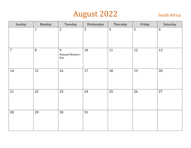 South Africa August 2022 Calendar with Holidays