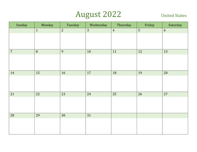 United States August 2022 Calendar with Holidays