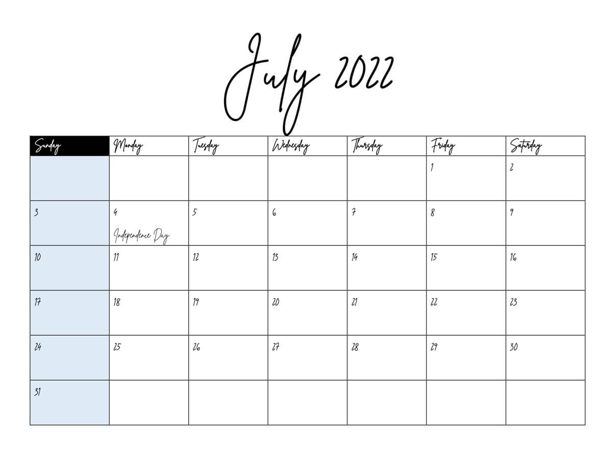 july 2022 calendar with holidays