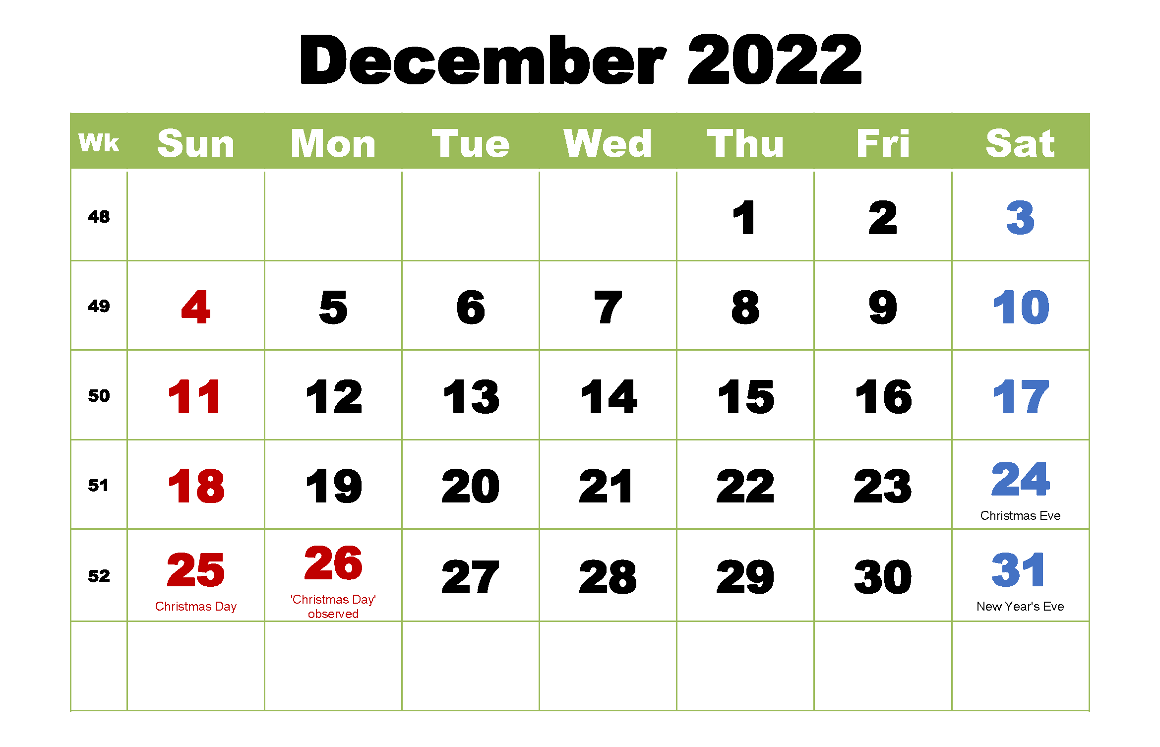 2022 December Calendar