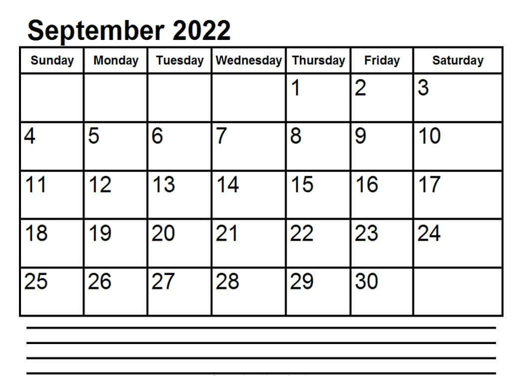 2022 September Calendar With Notes
