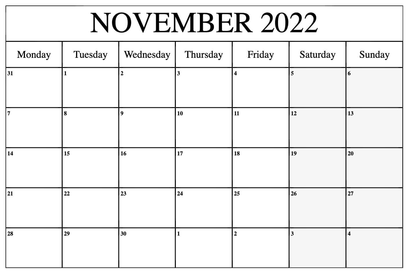 Blank November 2022 Calendar Template
