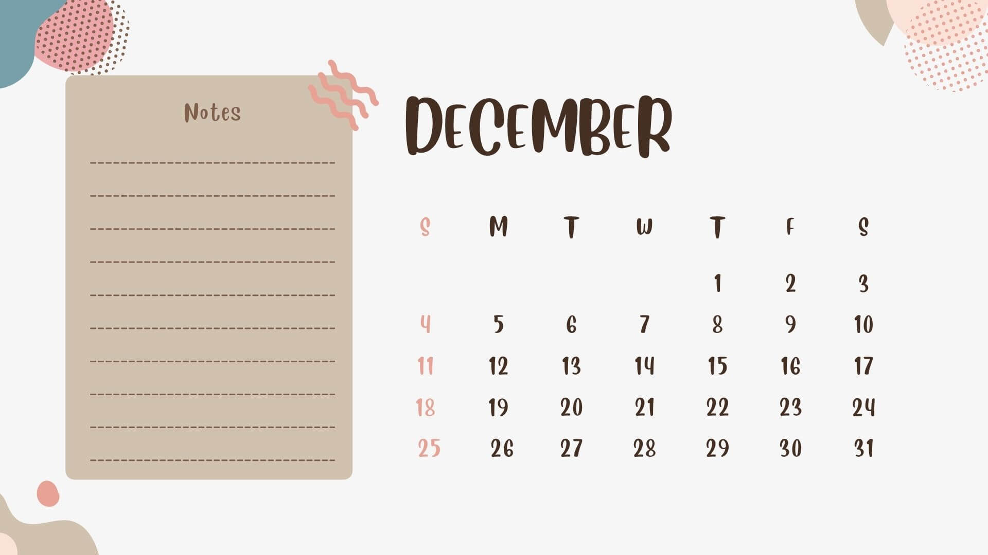 Cute December 2022 Calendar with Notes