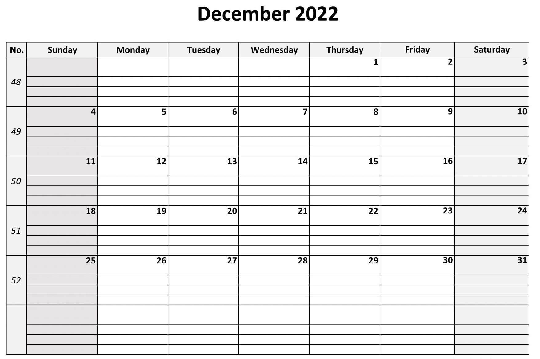 December 2022 Calendar Excel