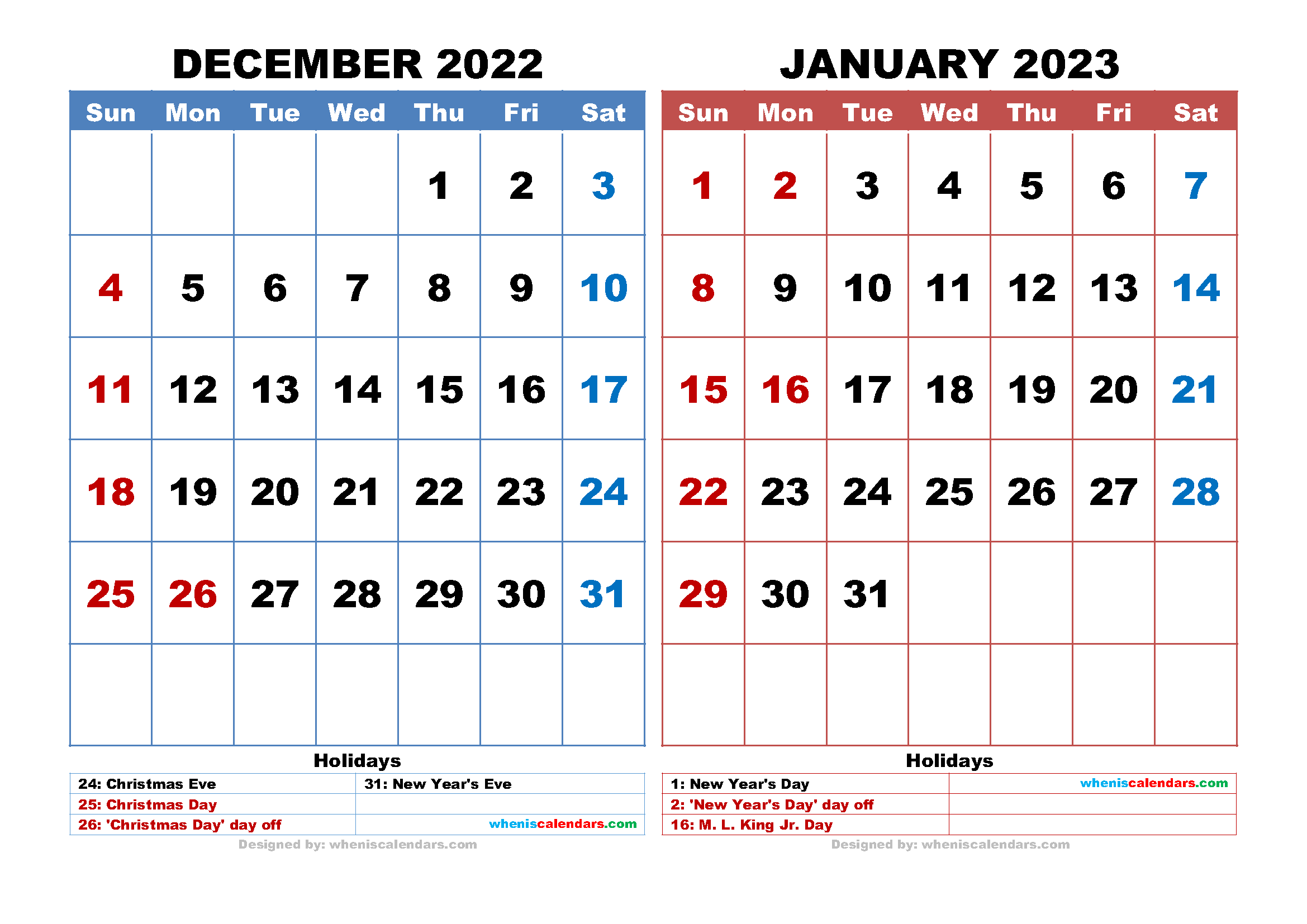 December 2022 January 2023 Calendar
