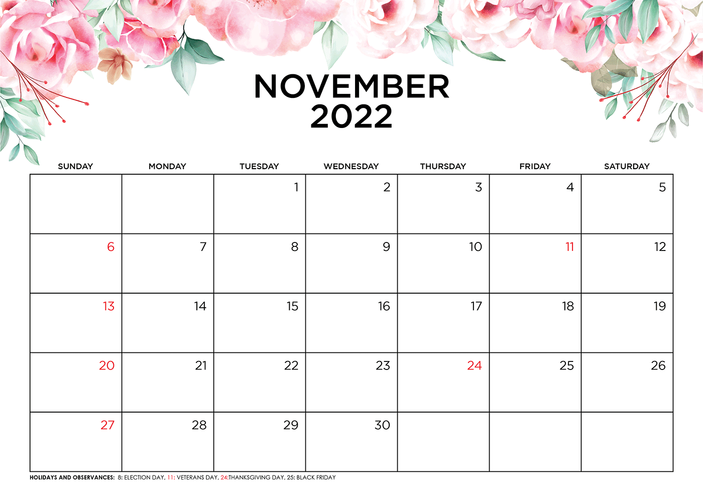 Floral November 2022 Calendar