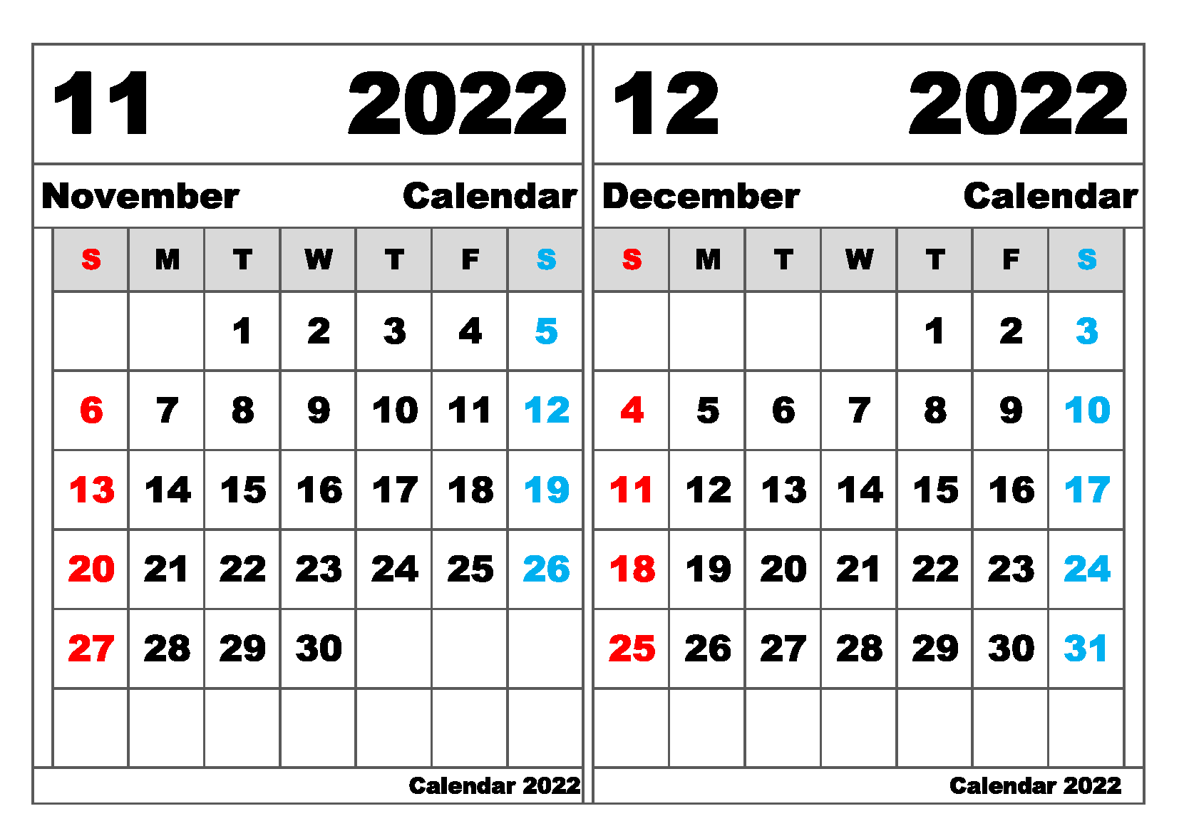 Free November December Calendar 2022