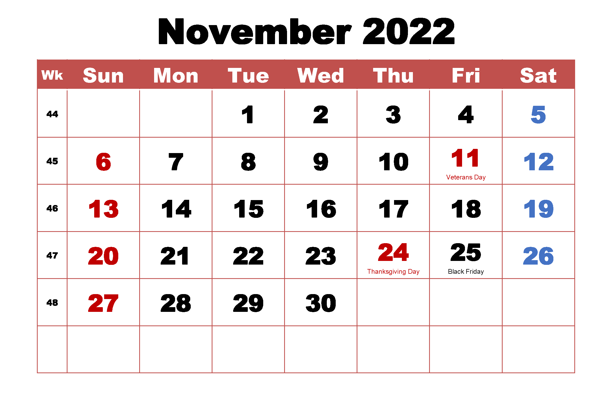 November 2022 Calendar PDF