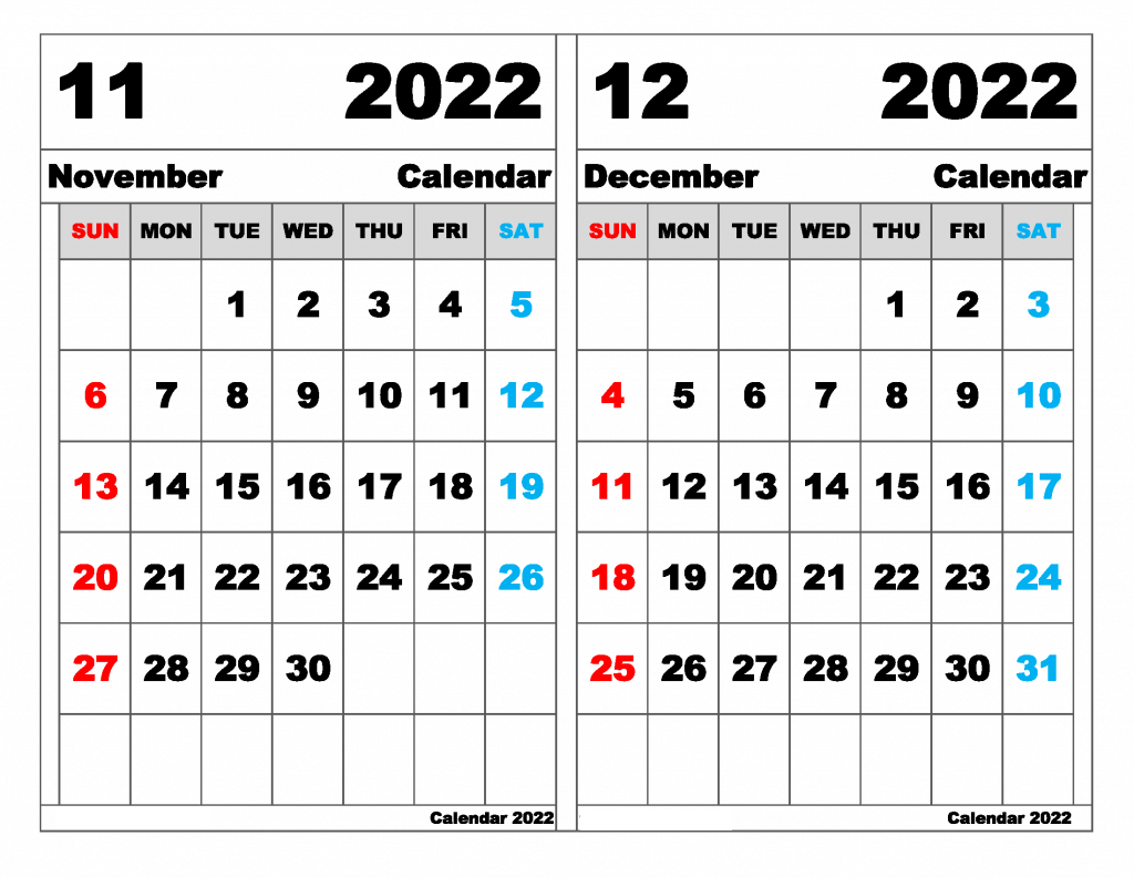 November December 2022 Calendar Landscape