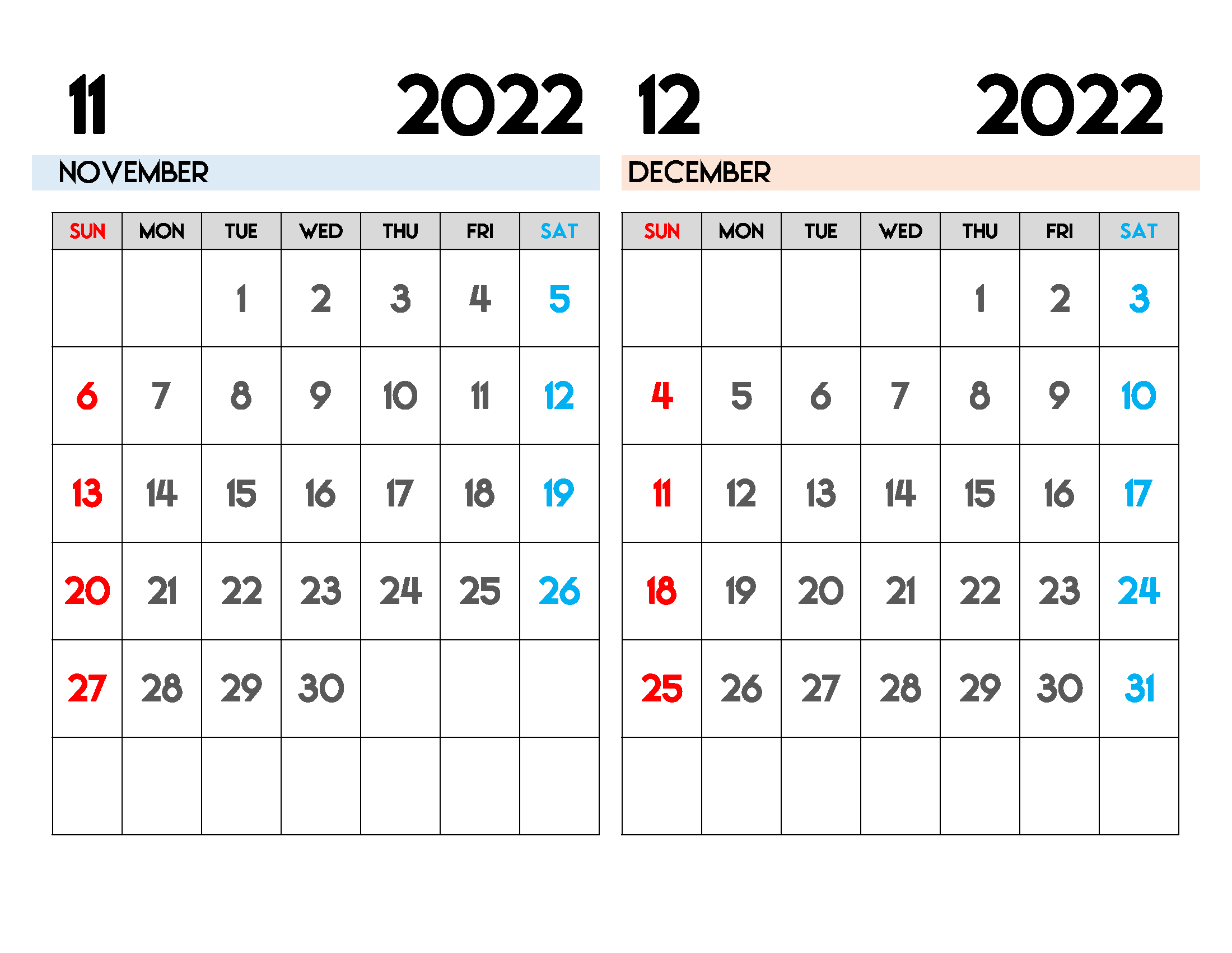 November December 2022 Calendar Printable