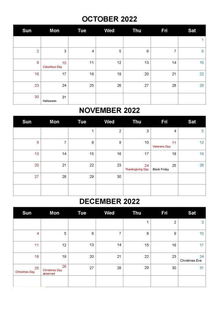 October November December 2022 Calendar with Holidays