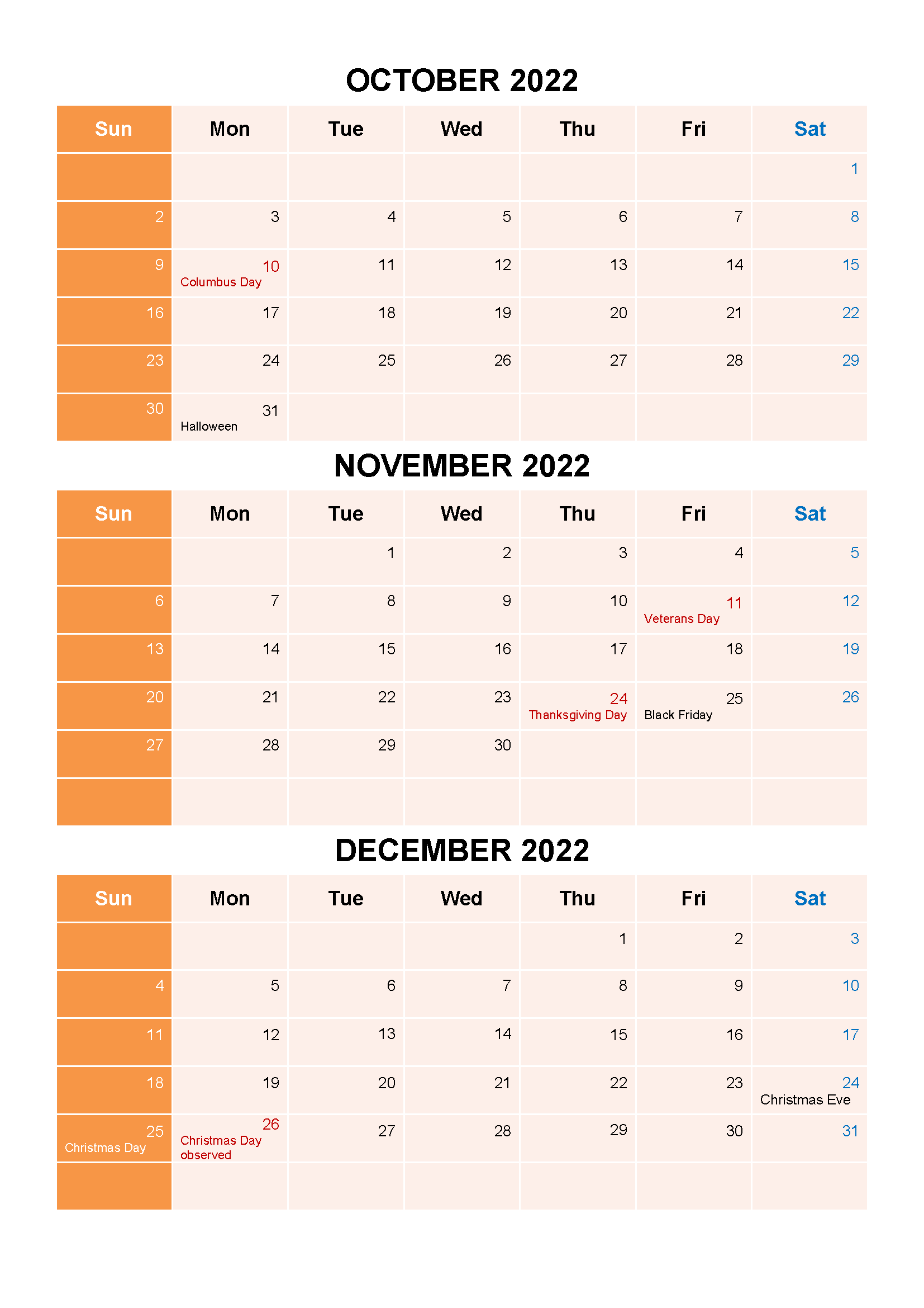 October November December 2022 Calendar