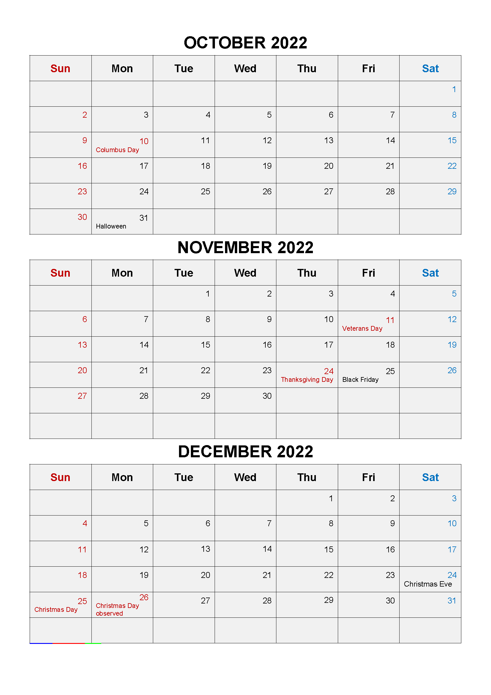 October, November and December 2022 Calendar