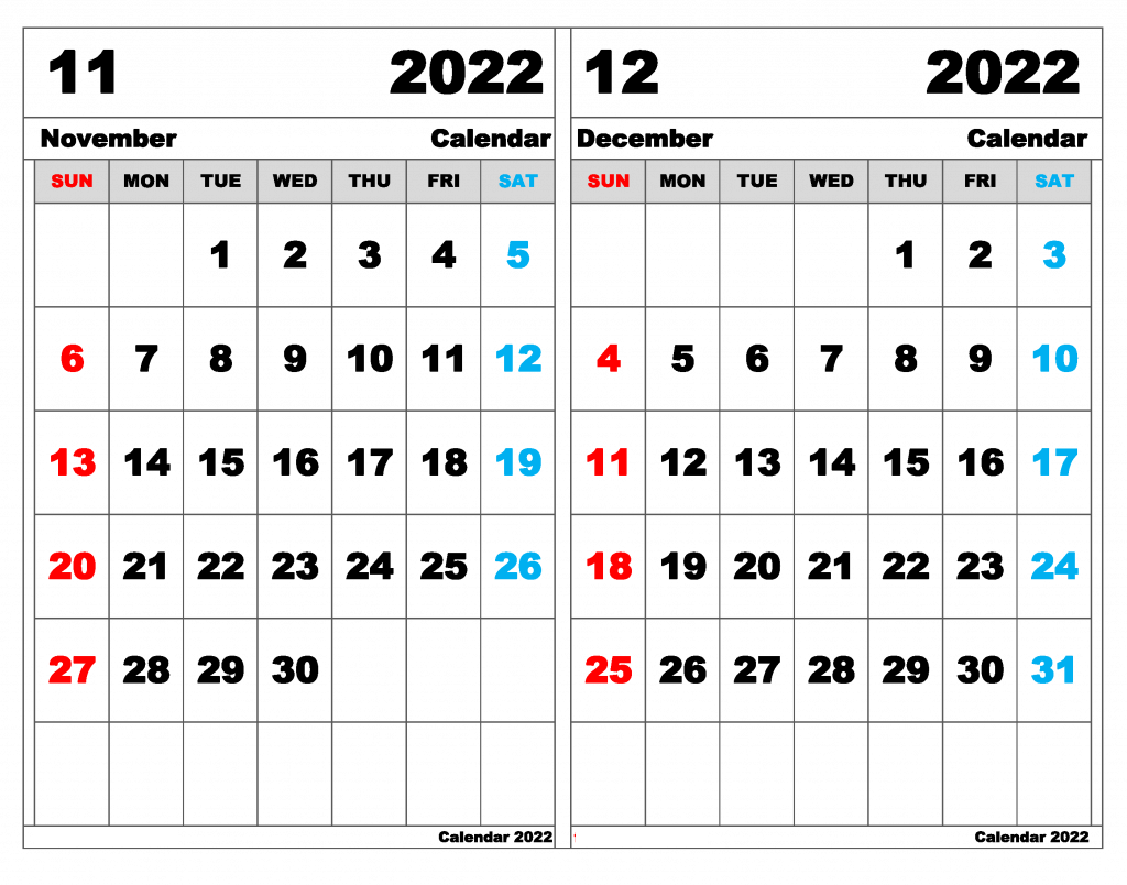 Print November December 2022 Calendar Portrait