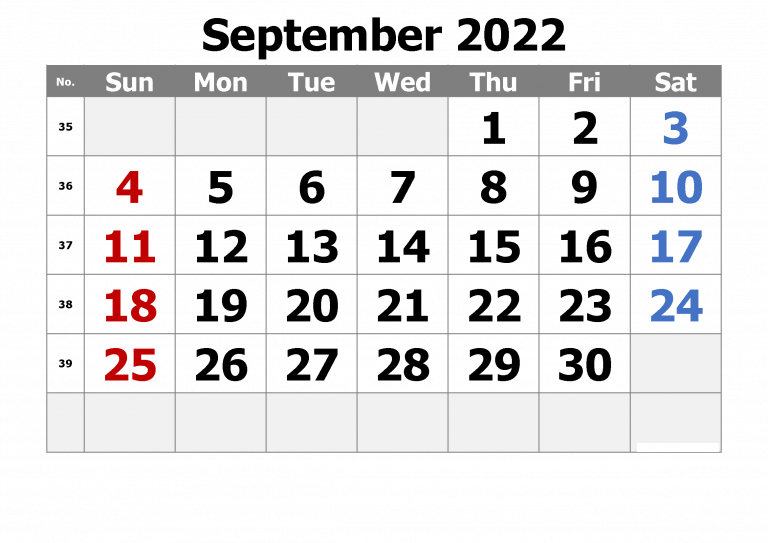 Printable Calendar Template September 2022