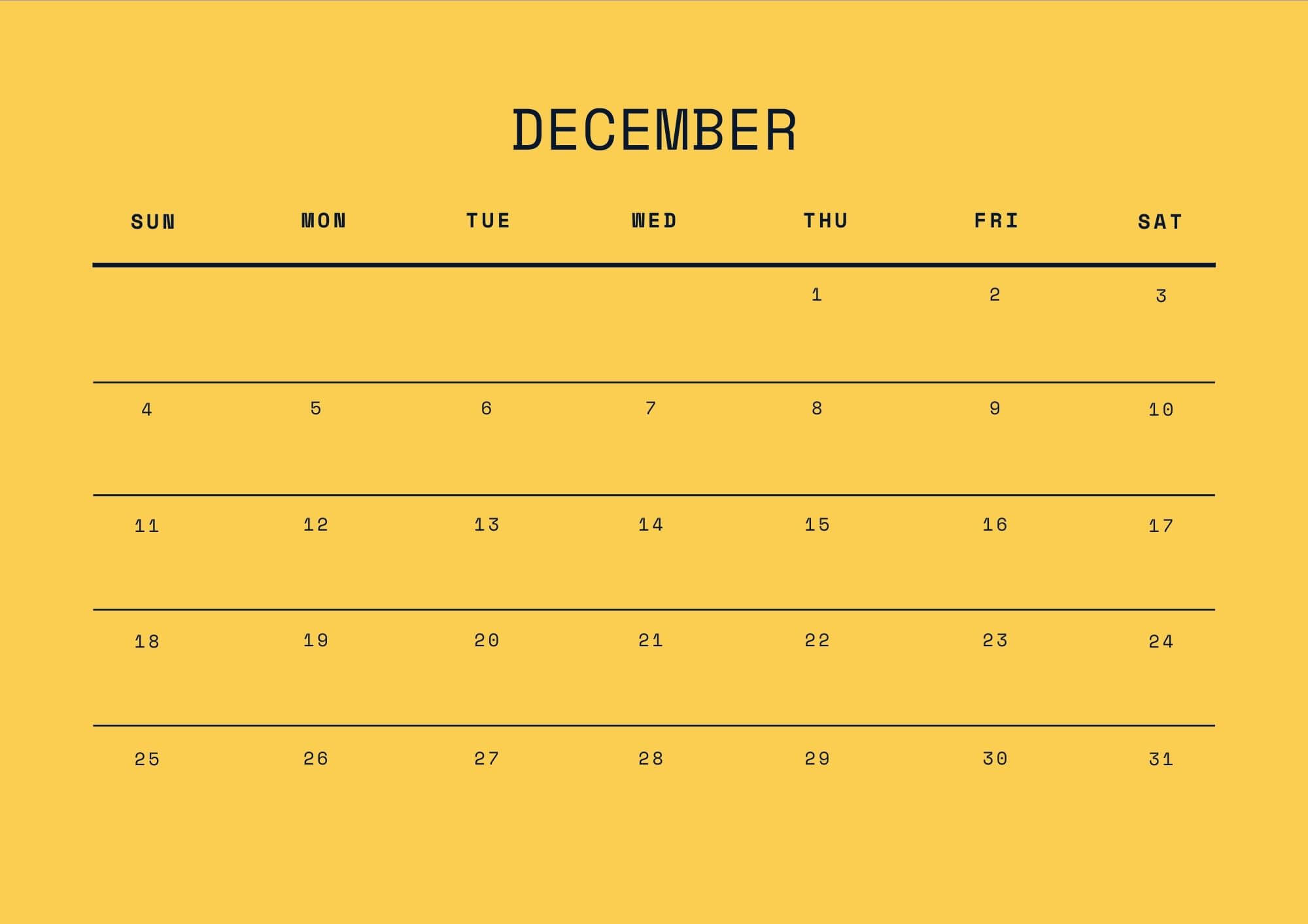 Yellow Canva December Calendar 2022