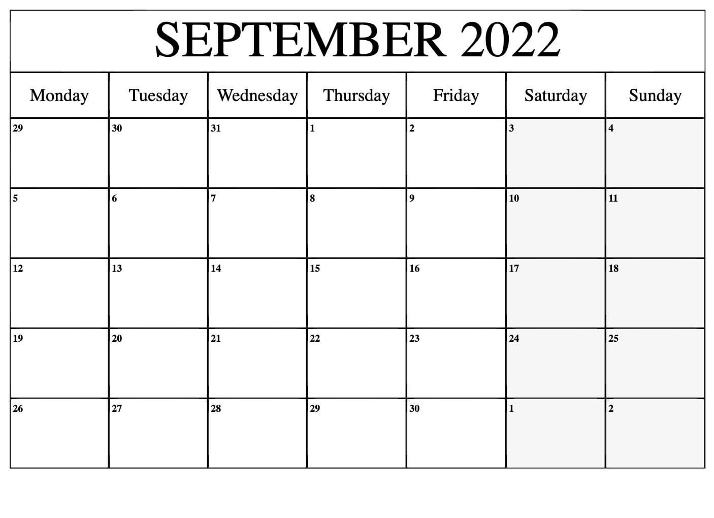 2022 Blank September Calendar