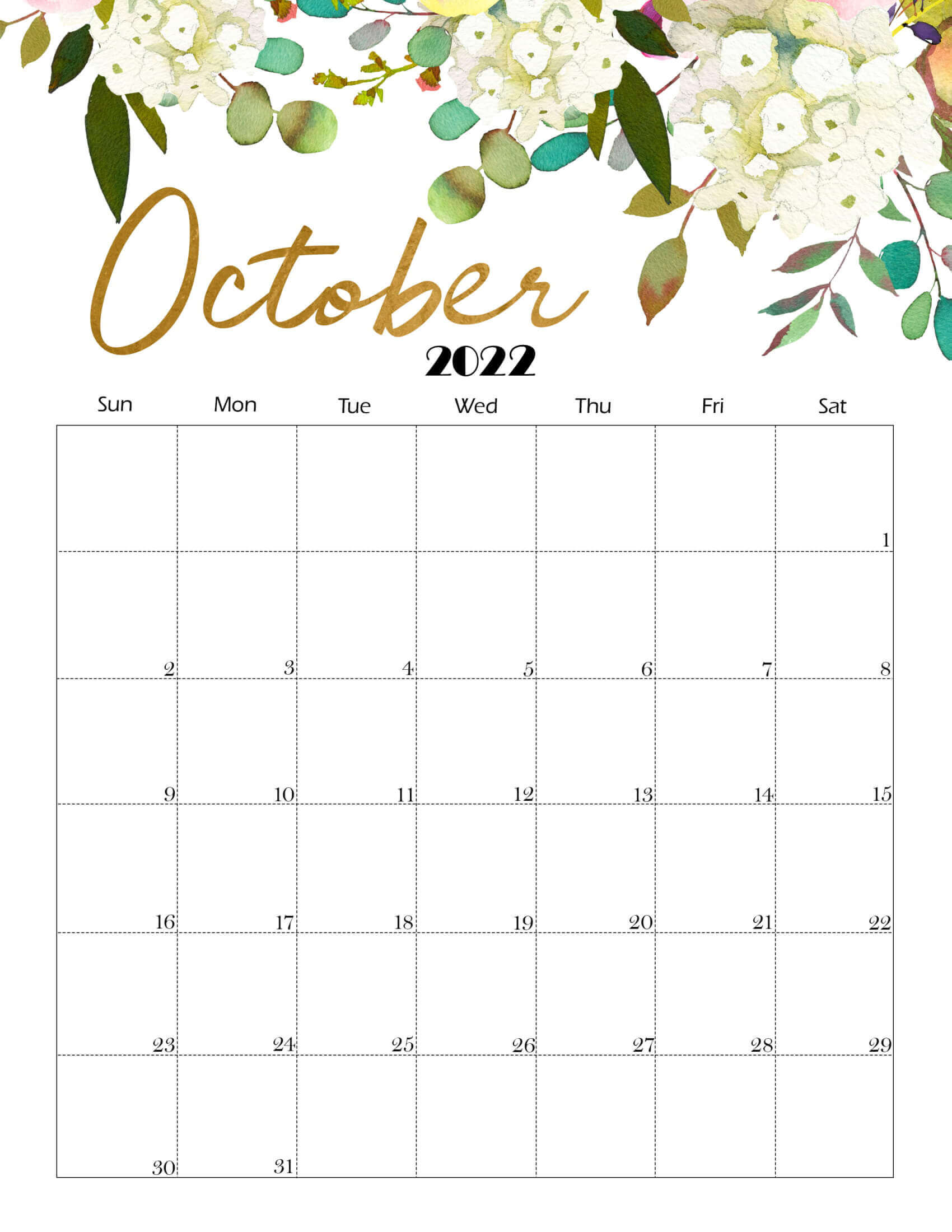 2022 October Calendar Floral