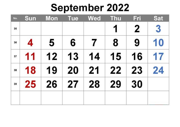 2022 September Blank Calendar