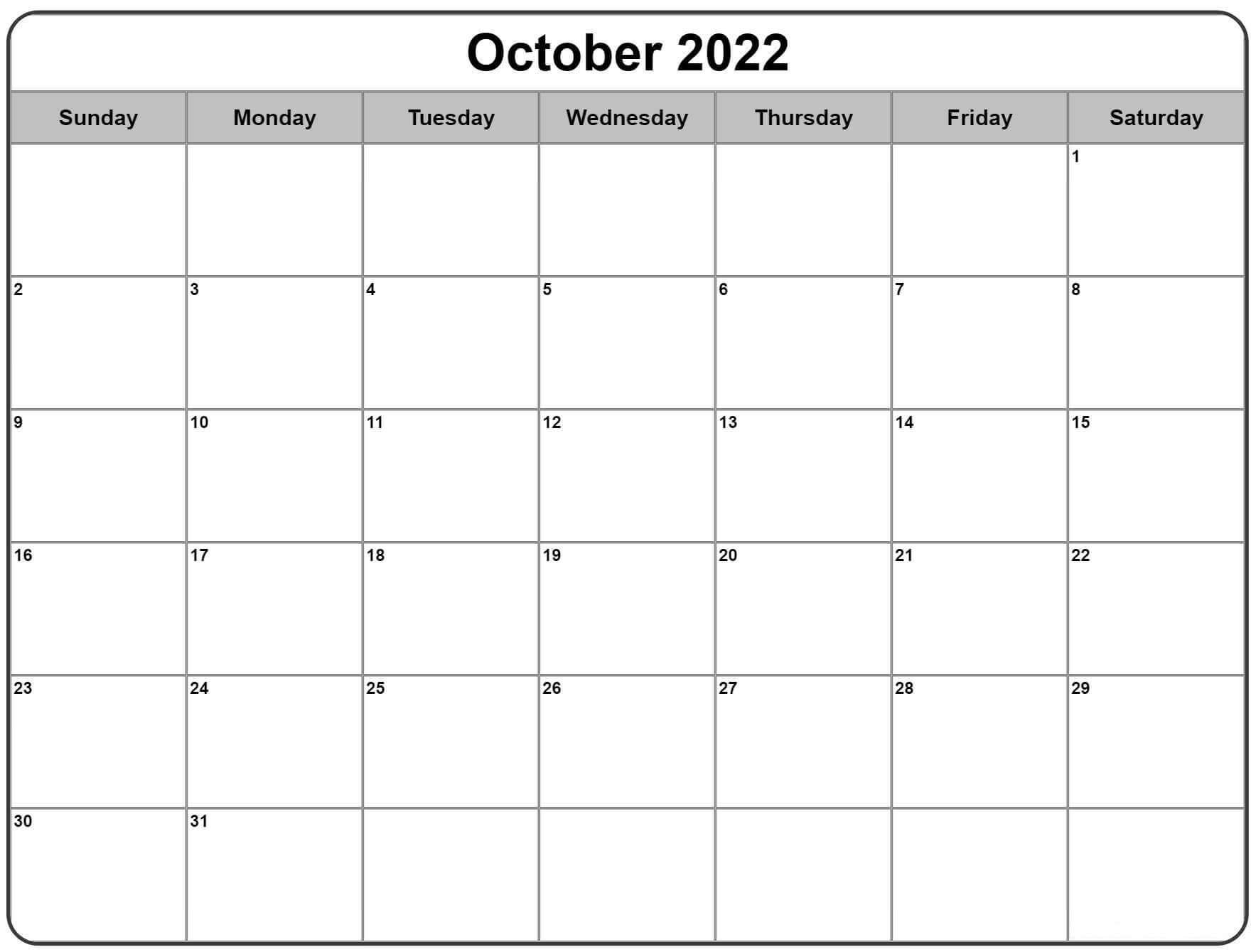 Blank Calendar For October 2022