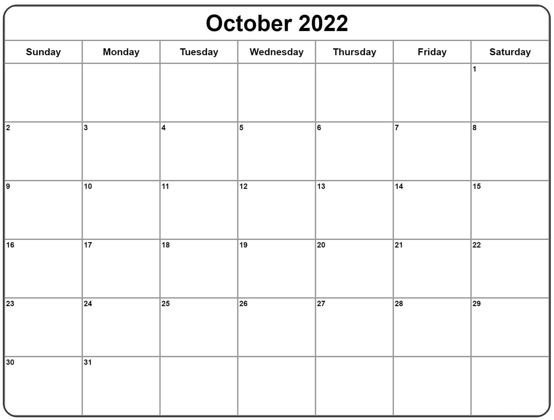 Blank Calendar Pages October 2022