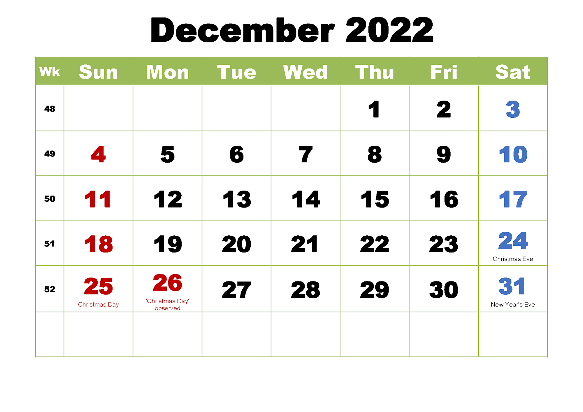 Colorful 2022 December Calendar Floral