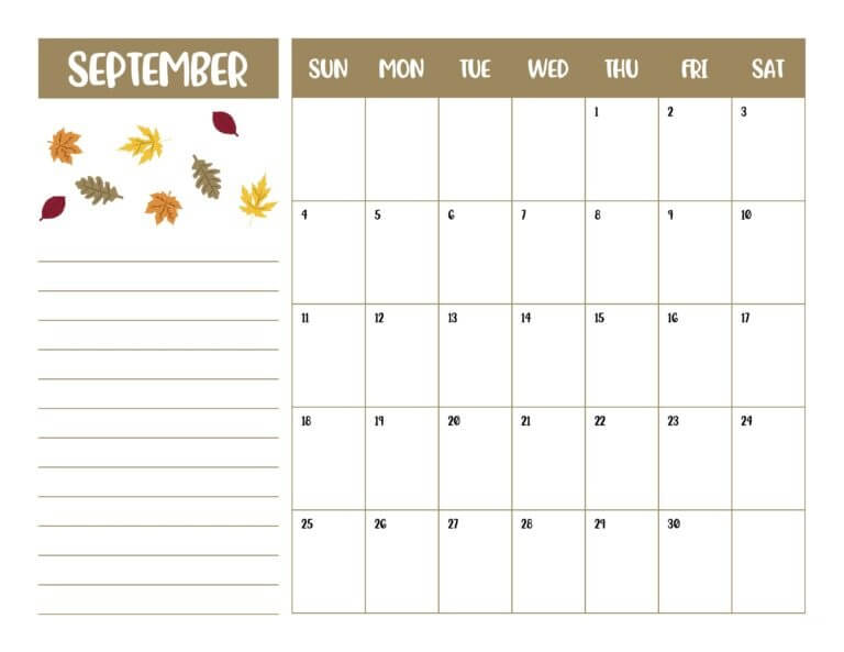 Cute September 2022 Blank Calendar with Notes