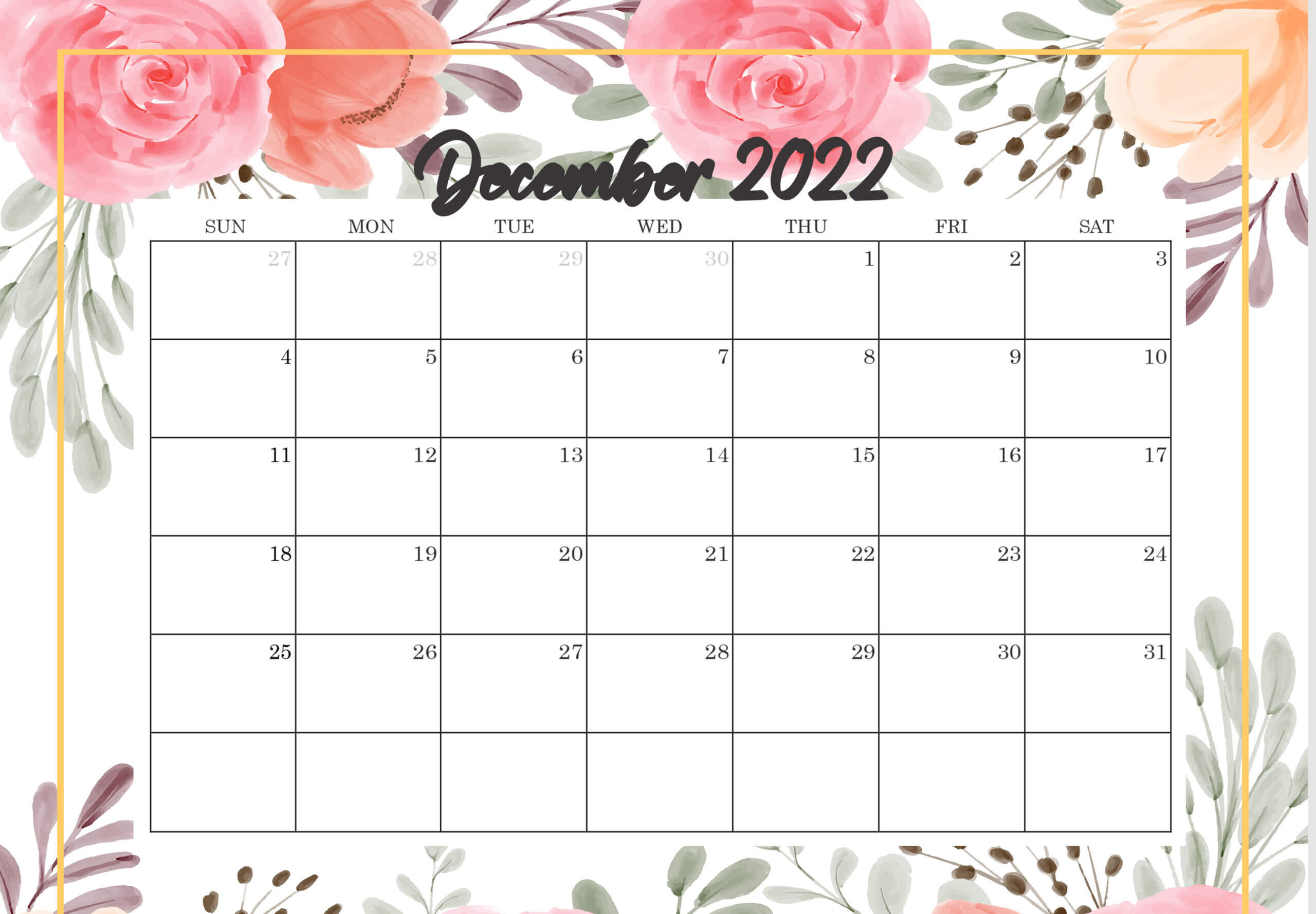 Floral December 2022 Calendar Design