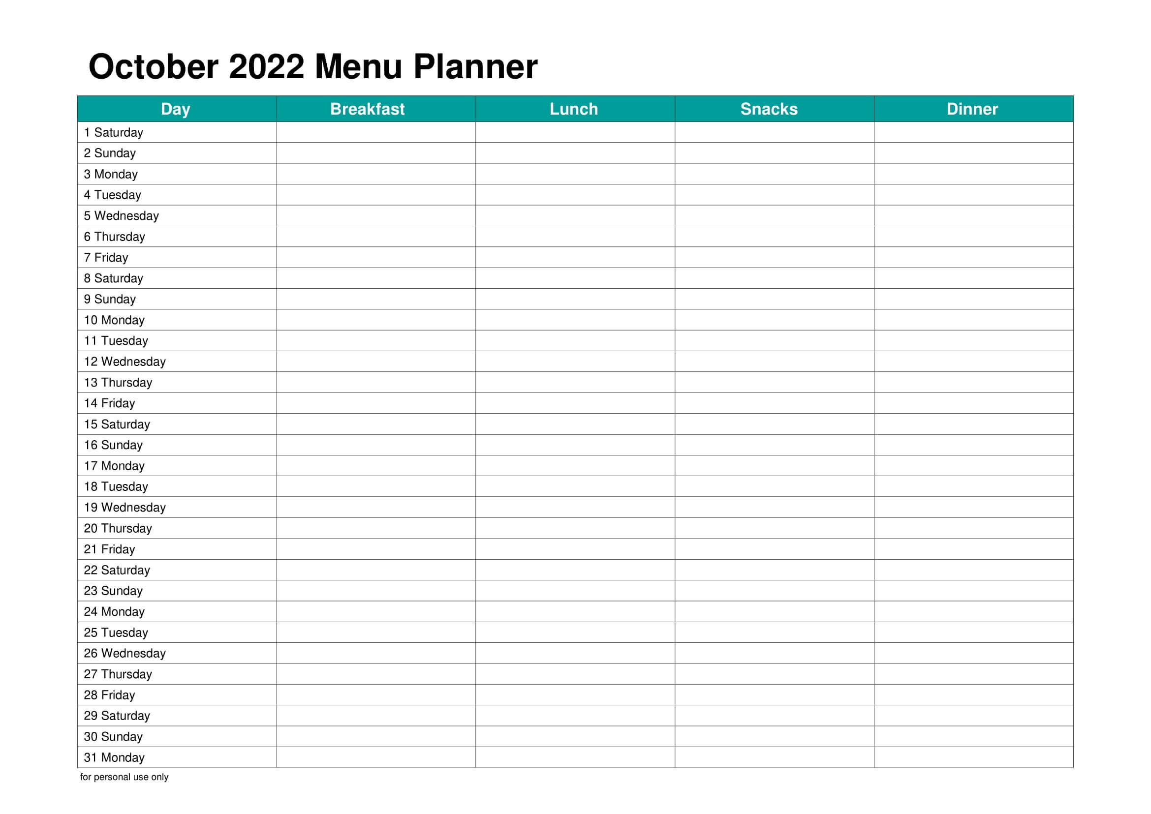October 2022 Calendar Excel Blank